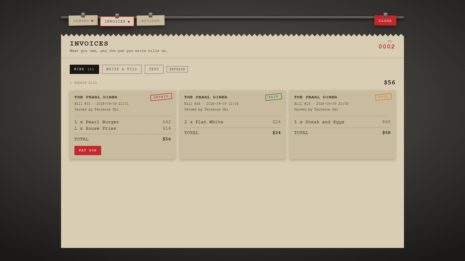 XS-RestaurantCreator — Invoices